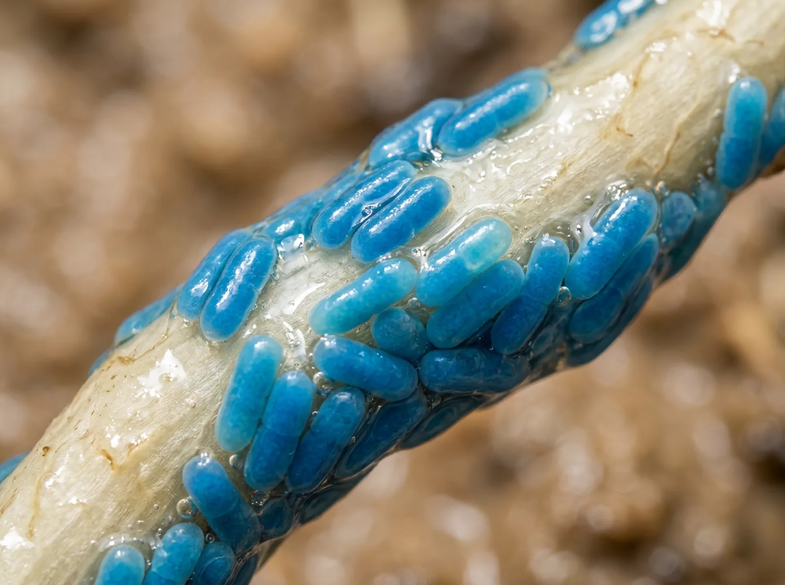 Genç bir kökün yüzeyinde biyofilm içine gömülü mavi, çubuk biçimli Bacillus subtilis hücreleri (temsilî)