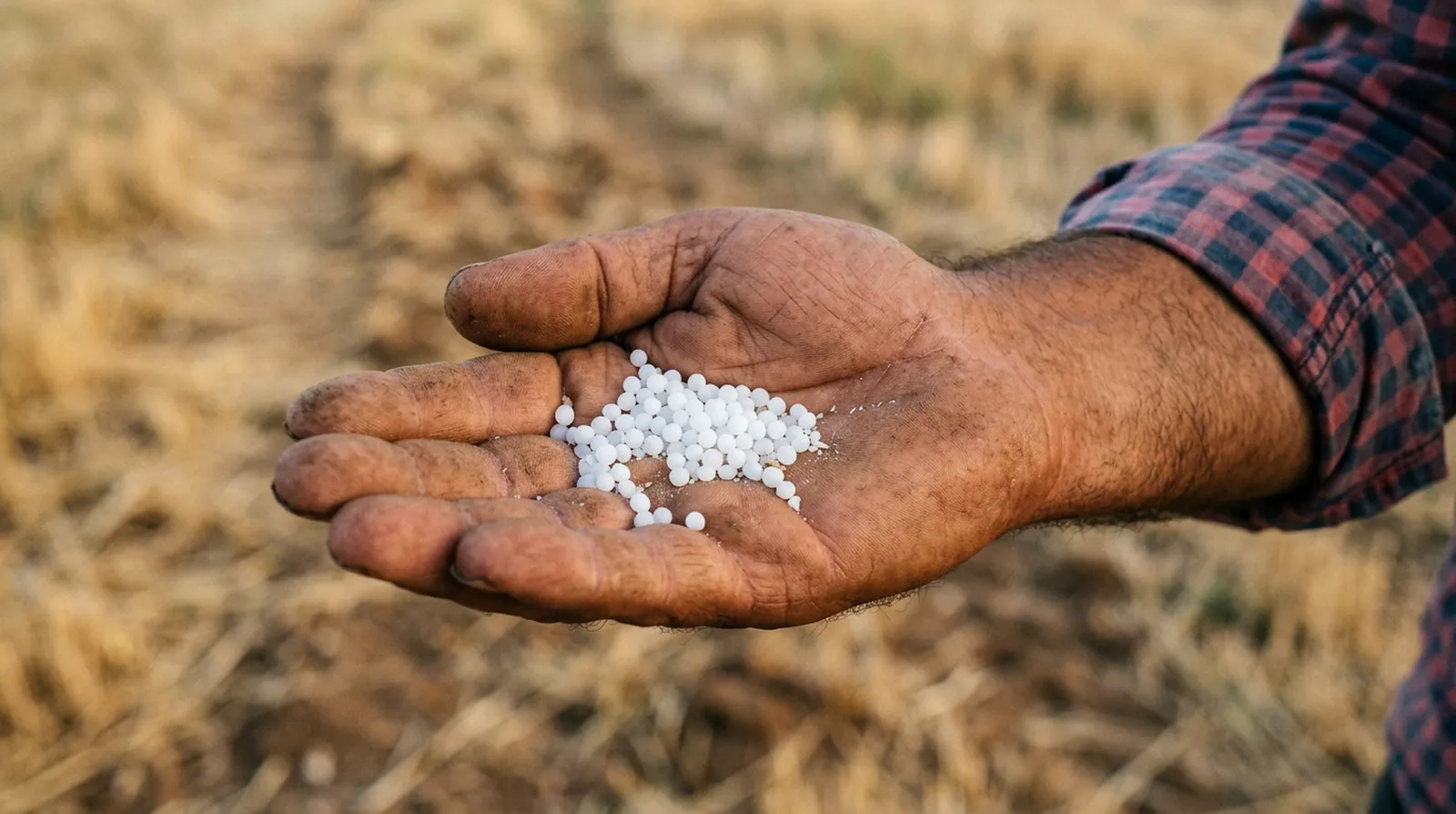 Çiftçinin avucunda beyaz üre gübresi granülleri