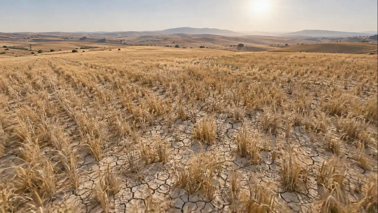 Kuş bakışı çatlamış, kurumuş buğday tarlası